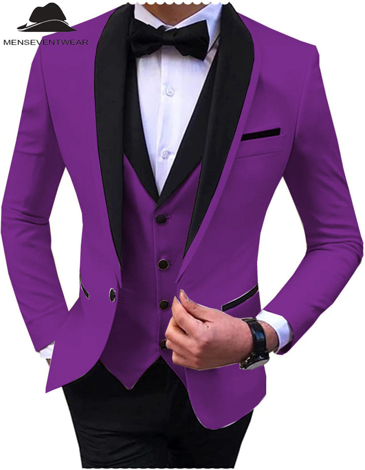 Formal 3 Pieces Mens Suit Flat Shawl Lapel Tuxedos (Blazer+vest+Pants) mens event wear