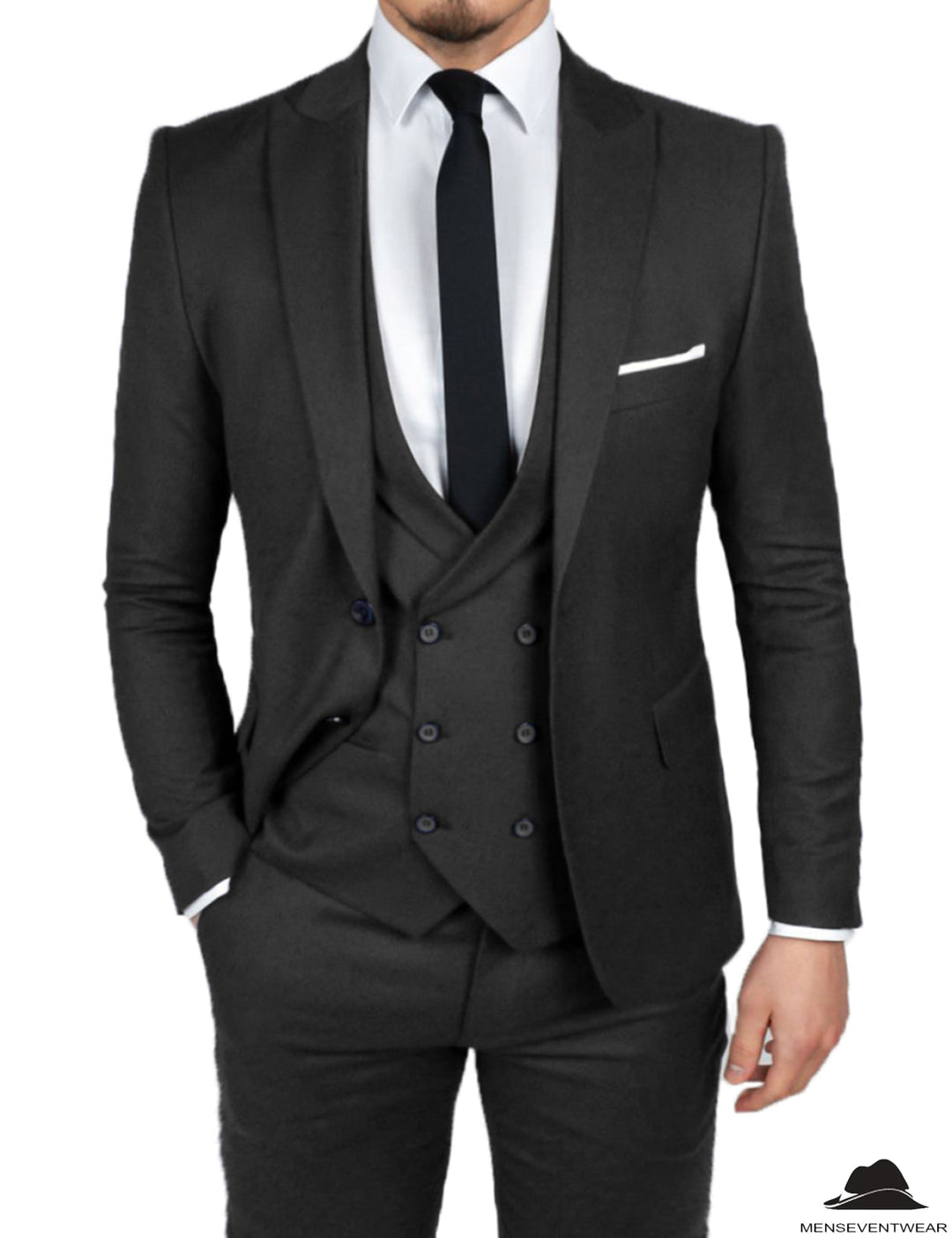 Formal Men's 3 Pieces Flat Slim Fit Peak Lapel Tuxedos Groomsmen (Blazer+vest+Pants) mens event wear