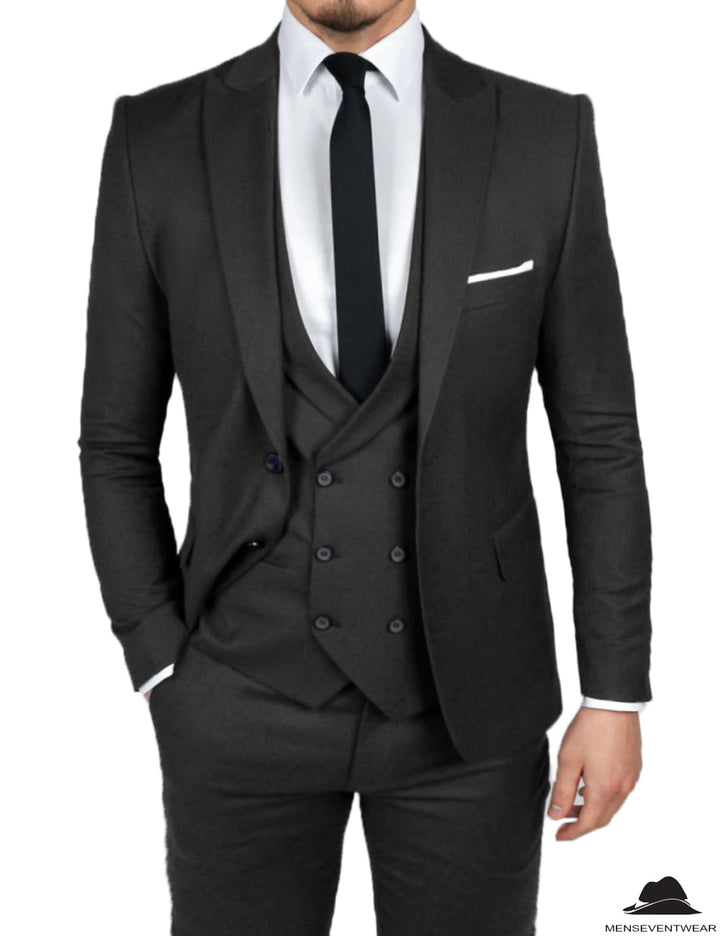 Formal Men's 3 Pieces Flat Slim Fit Peak Lapel Tuxedos Groomsmen (Blazer+vest+Pants) mens event wear