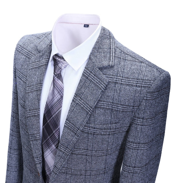 Formal Men's Business Grey Plaid Notch Lapel Blazer mens event wear