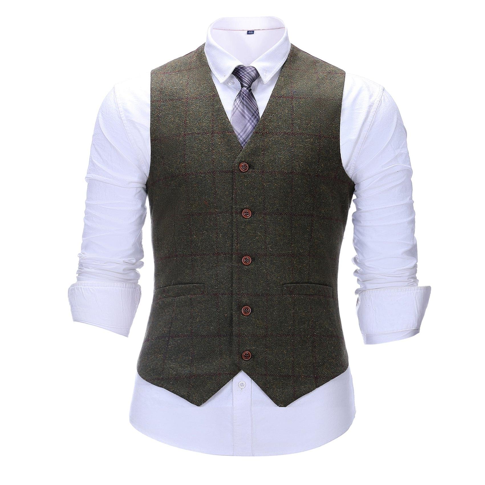 Formal Men's Suit Vest Green Tweed Plaid V Neck Waistcoat