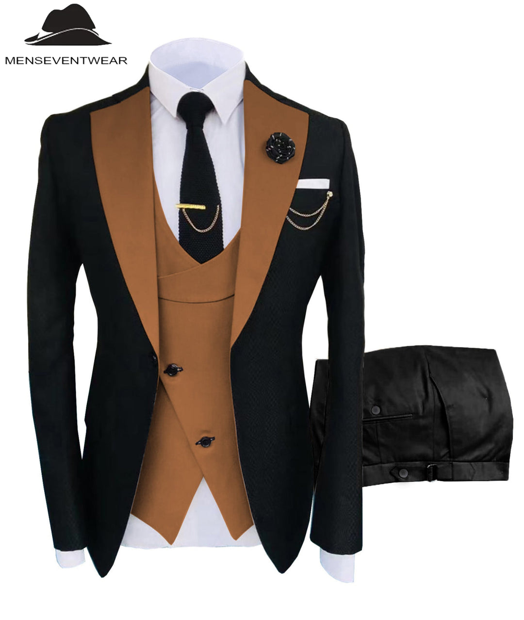 Formal Men's Suits Slim Fit 3 Pieces Notch Lapel Tuxedos (Blazer+Vest+Black Pant) mens event wear