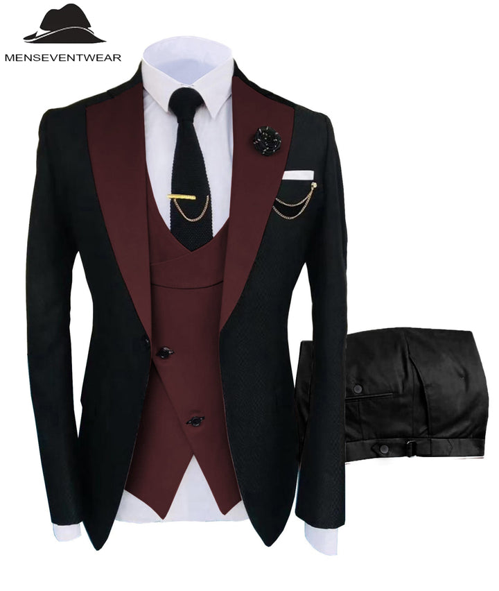 Formal Men's Suits Slim Fit 3 Pieces Notch Lapel Tuxedos (Blazer+Vest+Black Pant) mens event wear