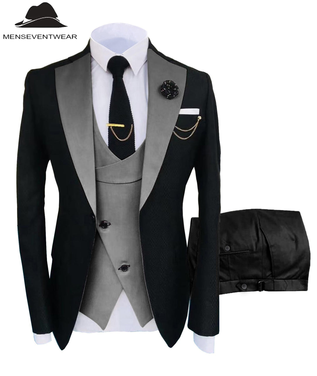 Formal Men's Suits Slim Fit 3 Pieces Notch Lapel Tuxedos (Blazer+Vest+Black Pant) mens event wear