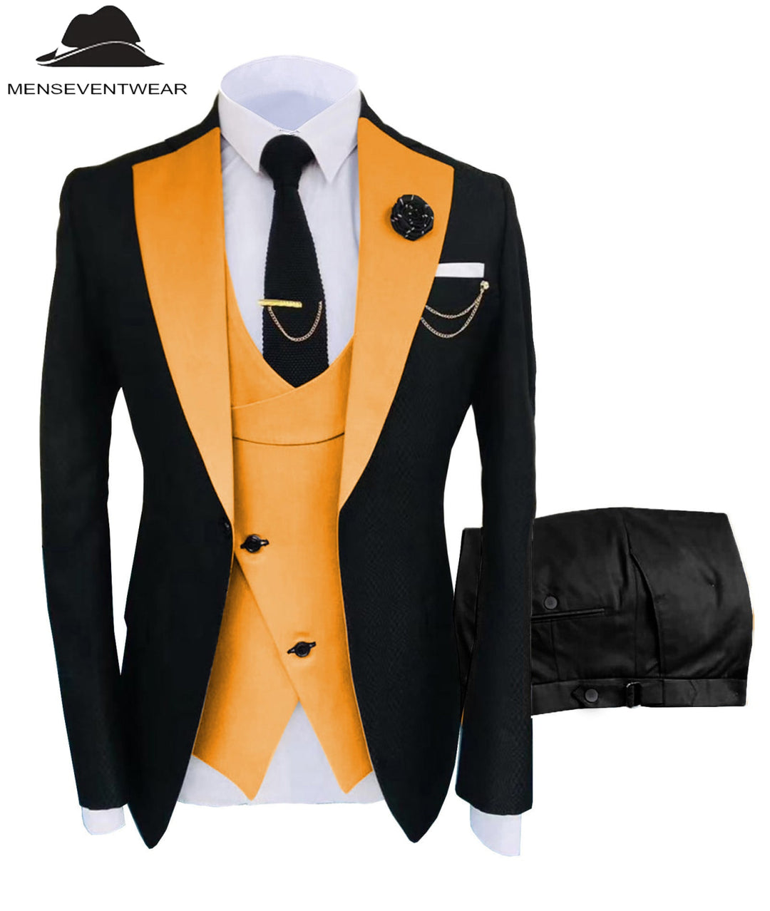 Formal Men's Suits Slim Fit 3 Pieces Notch Lapel Tuxedos (Blazer+Vest+Black Pant) mens event wear