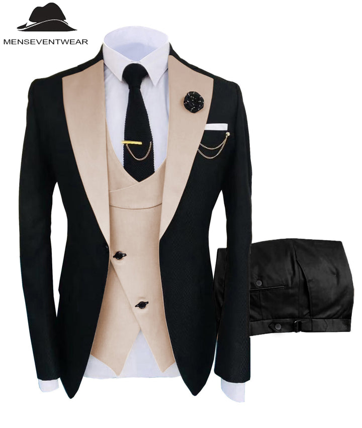 Formal Men's Suits Slim Fit 3 Pieces Notch Lapel Tuxedos (Blazer+Vest+Black Pant) mens event wear