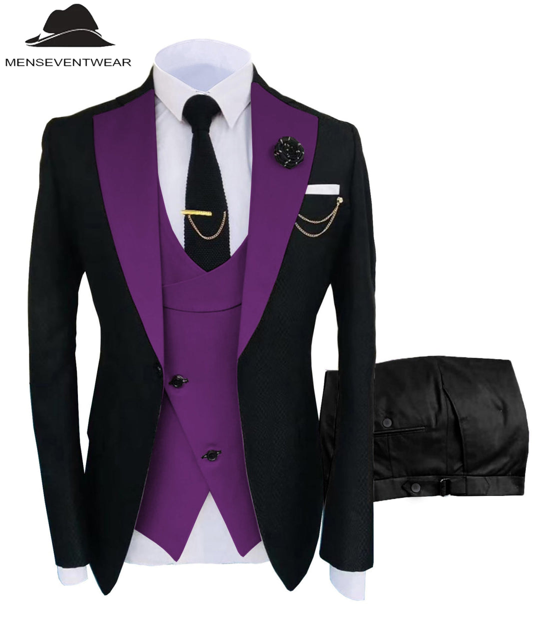 Formal Men's Suits Slim Fit 3 Pieces Notch Lapel Tuxedos (Blazer+Vest+Black Pant) mens event wear