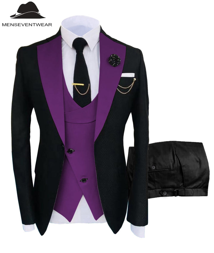 Formal Men's Suits Slim Fit 3 Pieces Notch Lapel Tuxedos (Blazer+Vest+Black Pant) mens event wear