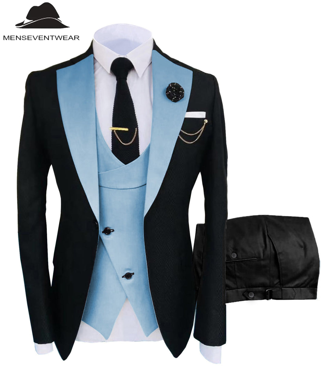 Formal Men's Suits Slim Fit 3 Pieces Notch Lapel Tuxedos (Blazer+Vest+Black Pant) mens event wear