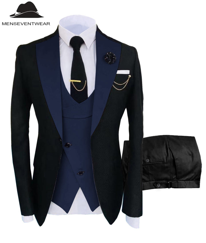 Formal Men's Suits Slim Fit 3 Pieces Notch Lapel Tuxedos (Blazer+Vest+Black Pant) mens event wear