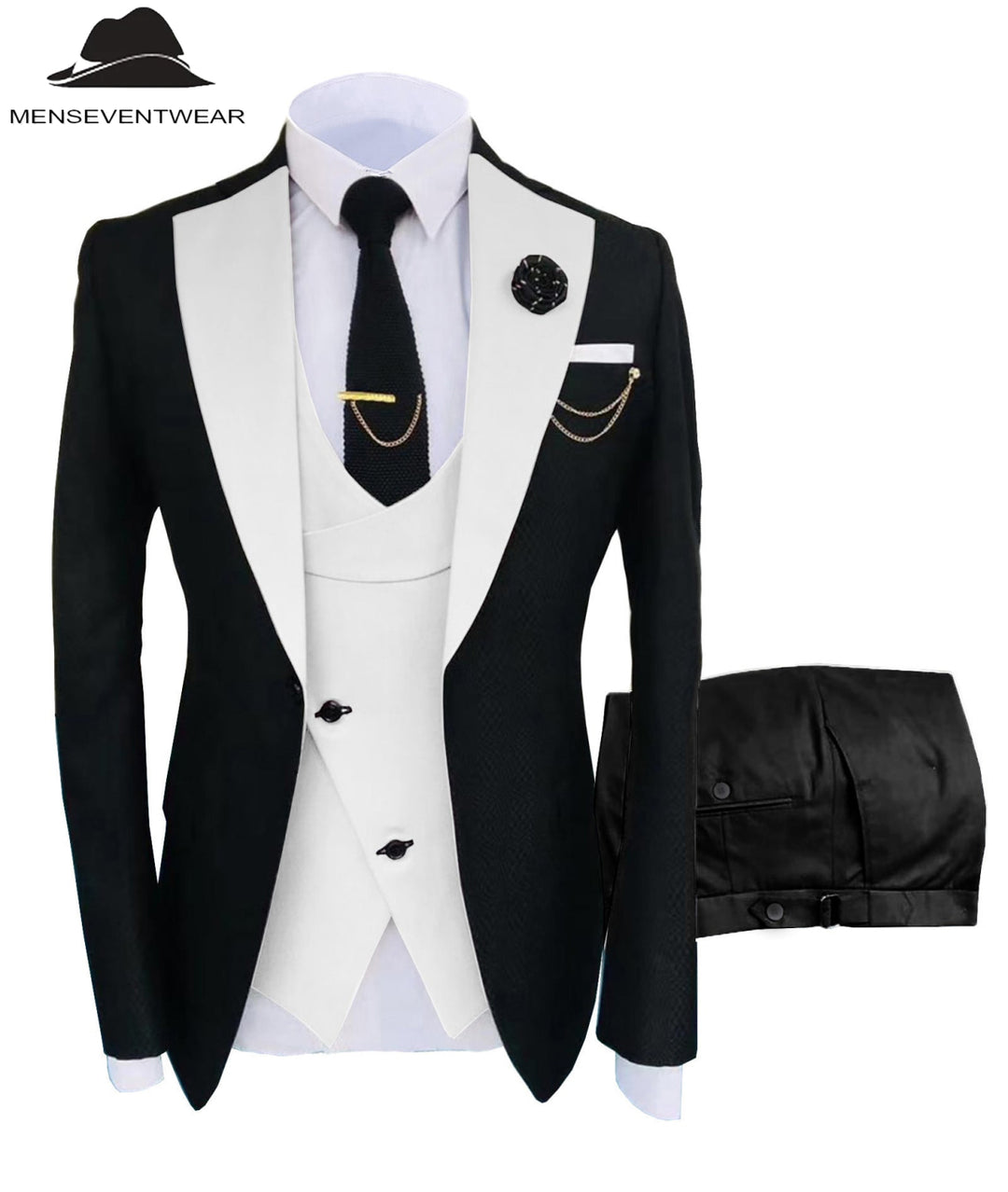 Formal Men's Suits Slim Fit 3 Pieces Notch Lapel Tuxedos (Blazer+Vest+Black Pant) mens event wear
