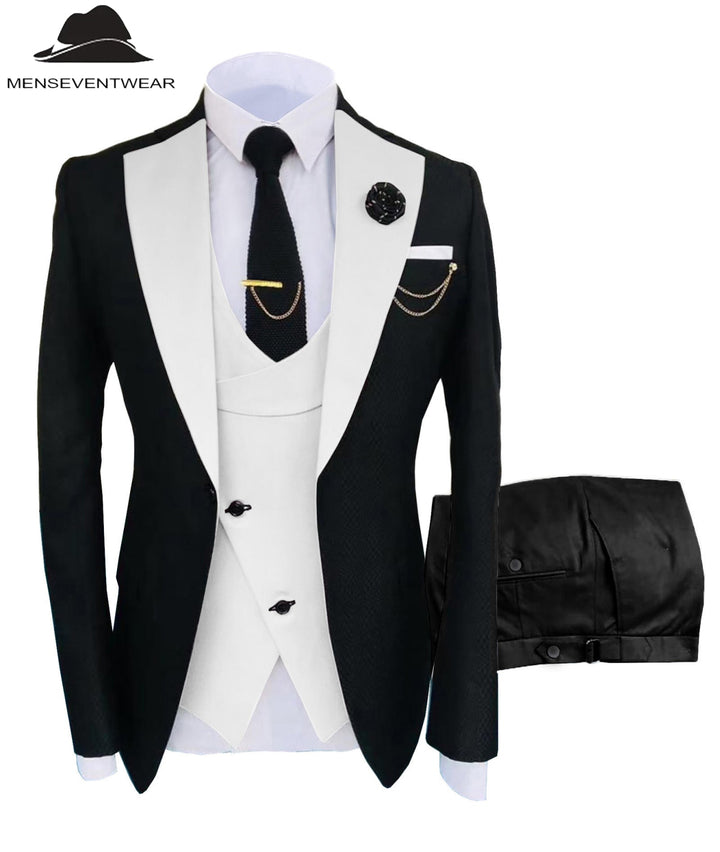 Formal Men's Suits Slim Fit 3 Pieces Notch Lapel Tuxedos (Blazer+Vest+Black Pant) mens event wear