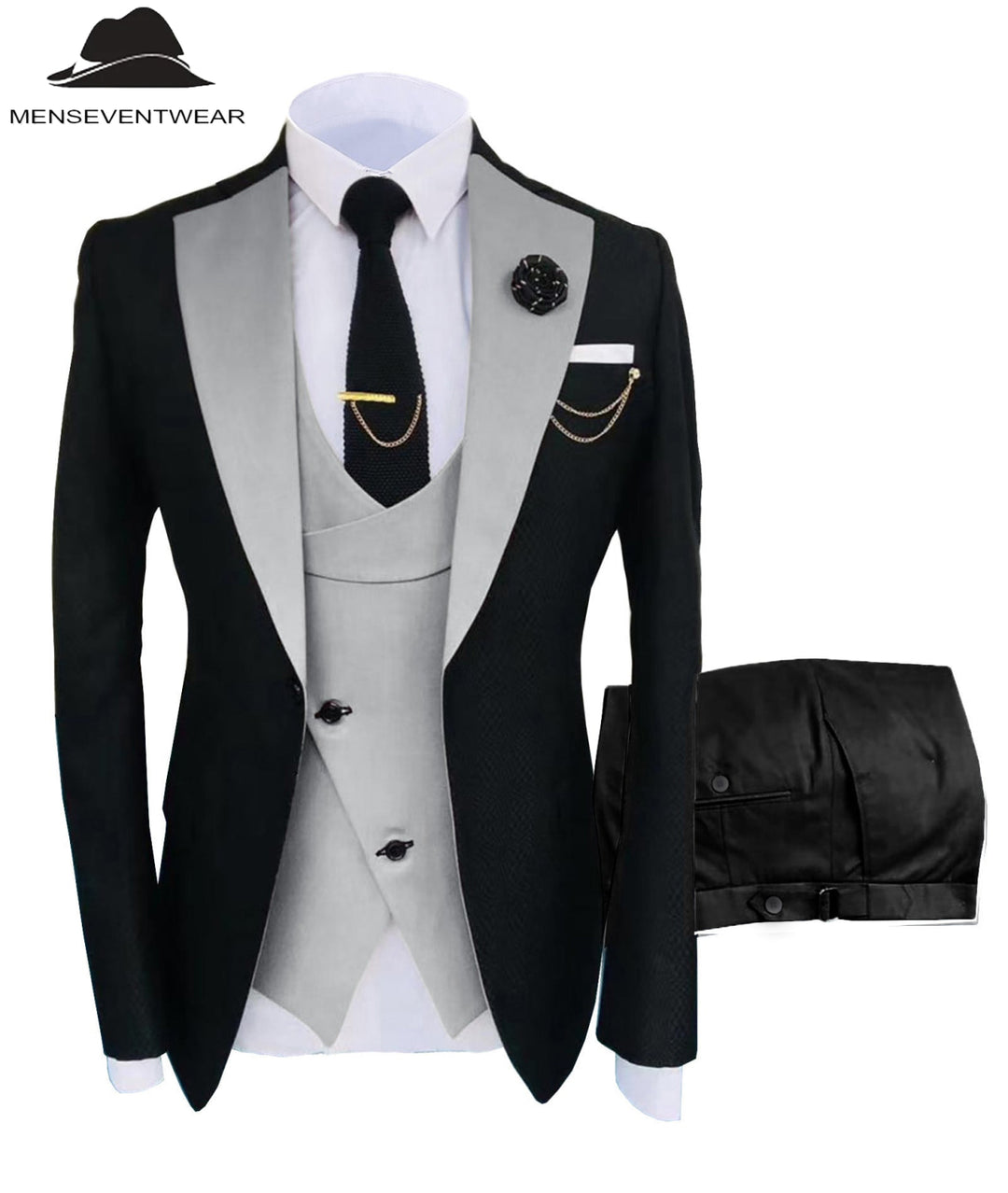 Formal Men's Suits Slim Fit 3 Pieces Notch Lapel Tuxedos (Blazer+Vest+Black Pant) mens event wear