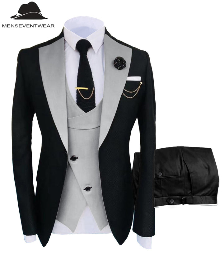 Formal Men's Suits Slim Fit 3 Pieces Notch Lapel Tuxedos (Blazer+Vest+Black Pant) mens event wear