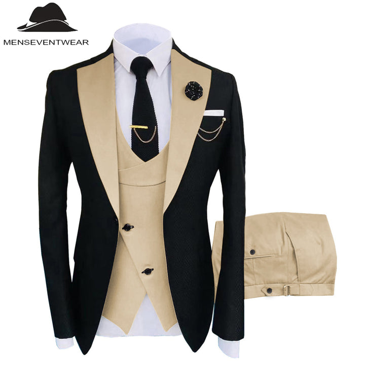 Formal Men's Suits Slim Fit 3 Pieces Notch Lapel Tuxedos (Blazer+Vest+Black Pant) mens event wear