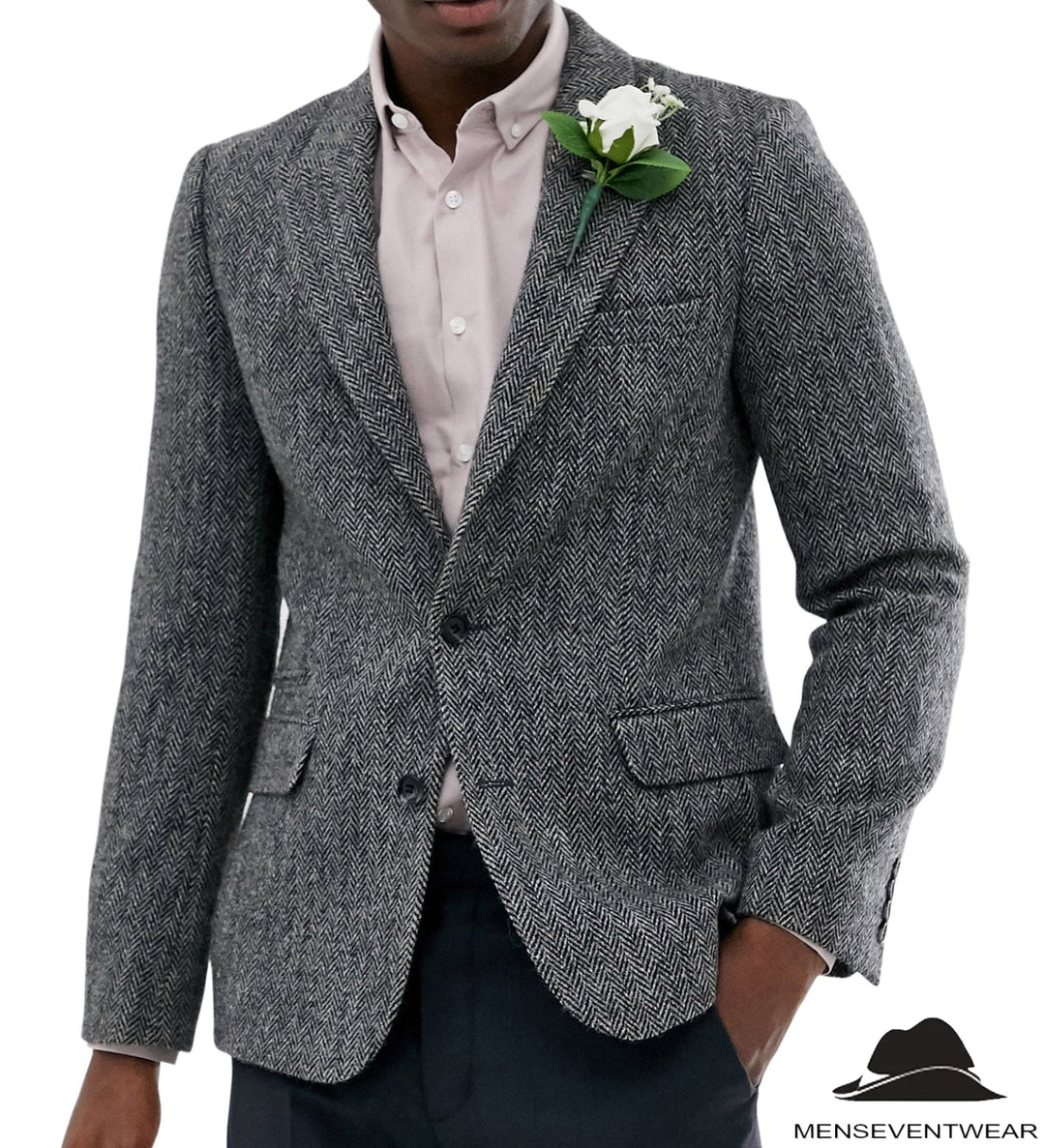 Formal Men's Wool Herringbone Notch Lapel Blazer mens event wear
