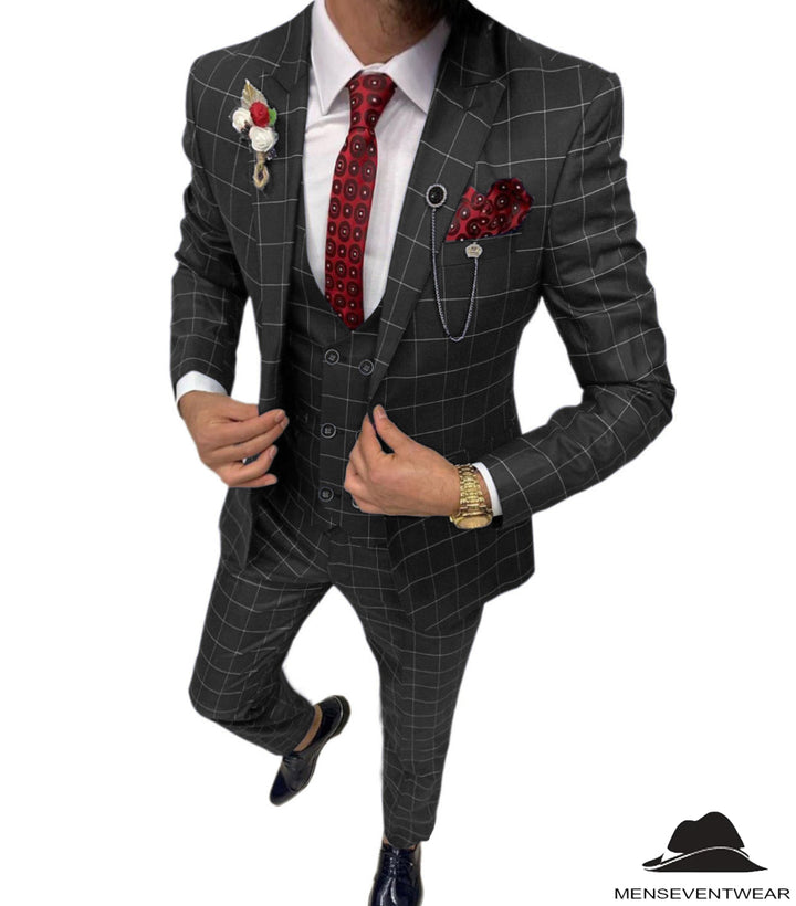Formal Mens Suit 3 Pieces Business Plaid Solid Peak Lapel Tuxedos (Blazer+Vest+Pants) Adam Reed
