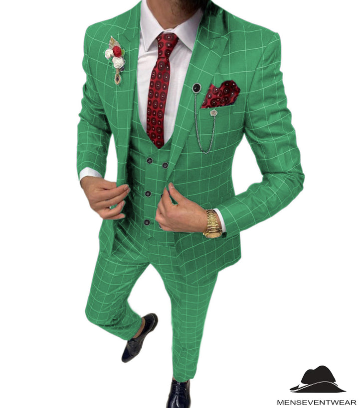 Formal Mens Suit 3 Pieces Business Plaid Solid Peak Lapel Tuxedos (Blazer+Vest+Pants) Adam Reed