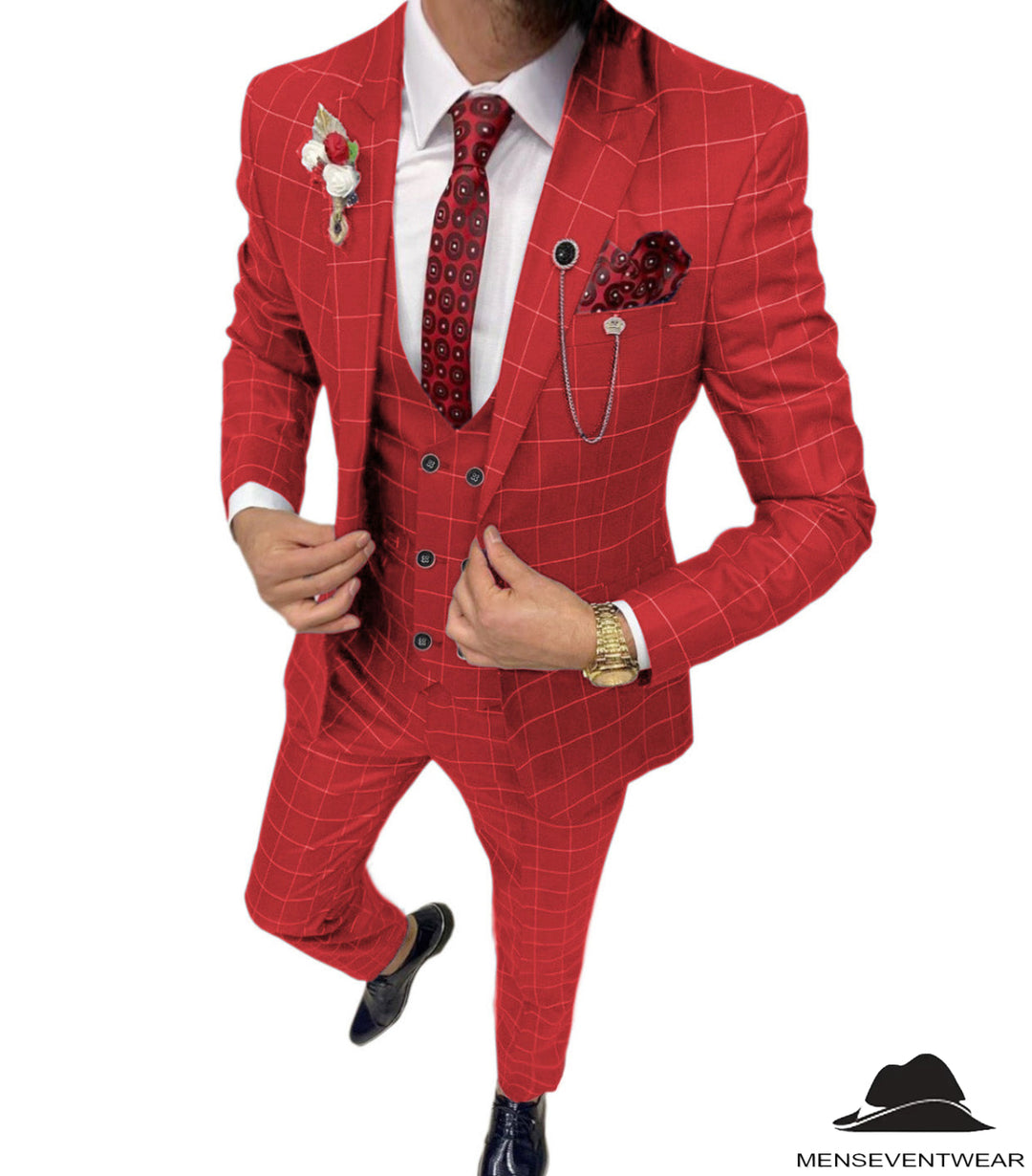 Formal Mens Suit 3 Pieces Business Plaid Solid Peak Lapel Tuxedos (Blazer+Vest+Pants) Adam Reed