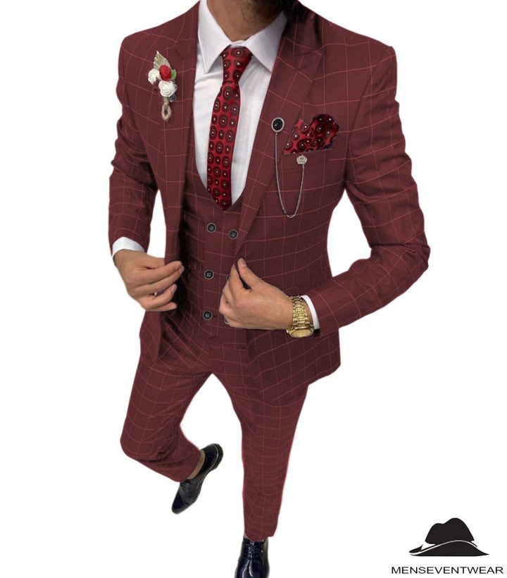 Formal Mens Suit 3 Pieces Business Plaid Solid Peak Lapel Tuxedos (Blazer+Vest+Pants) Adam Reed