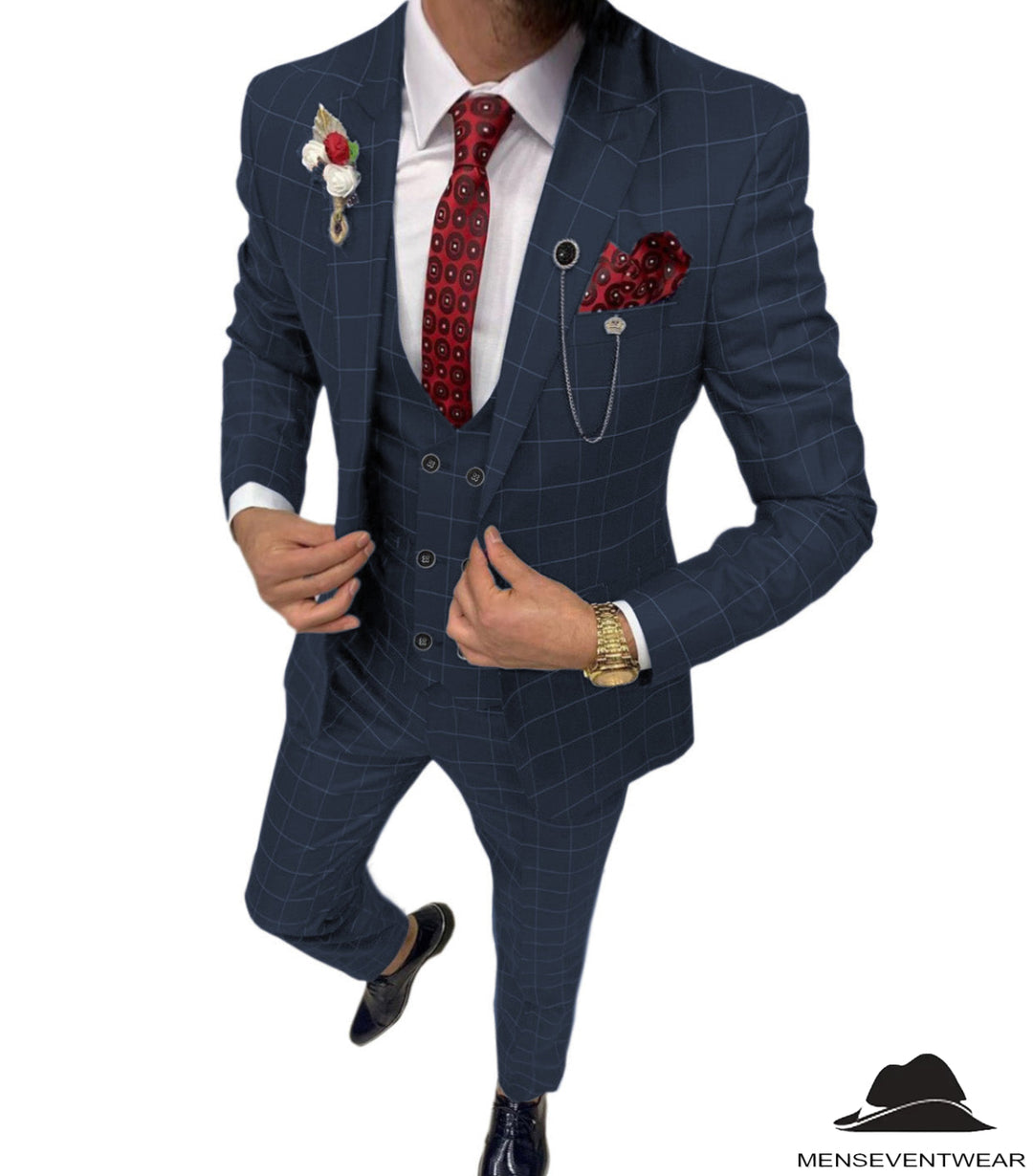 Formal Mens Suit 3 Pieces Business Plaid Solid Peak Lapel Tuxedos (Blazer+Vest+Pants) Adam Reed