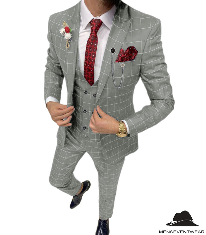 Formal Mens Suit 3 Pieces Business Plaid Solid Peak Lapel Tuxedos (Blazer+Vest+Pants) Adam Reed