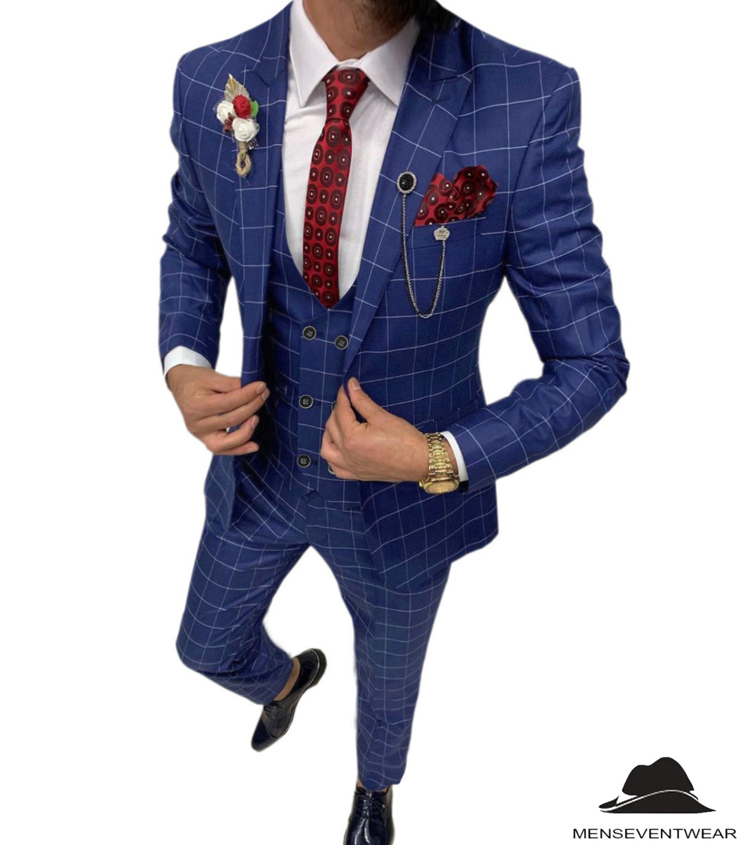 Formal Mens Suit 3 Pieces Business Plaid Solid Peak Lapel Tuxedos (Blazer+Vest+Pants) Adam Reed