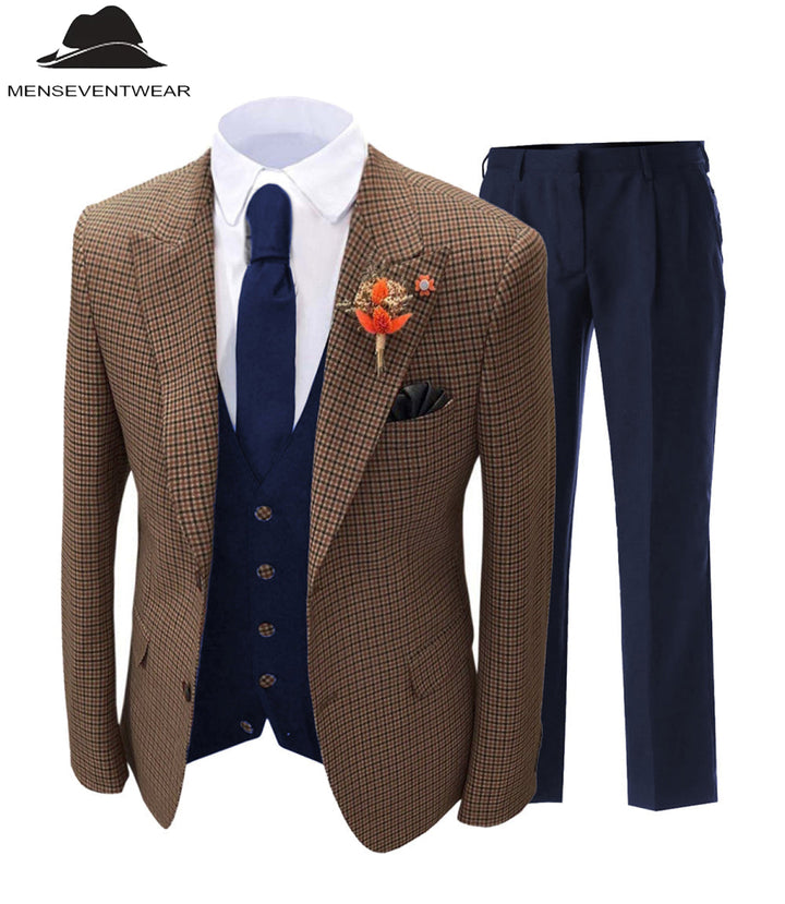 Men's 3 Pieces Houndstooth Peak Lapel Tuxedos (Blazer+vest+Pants) mens event wear