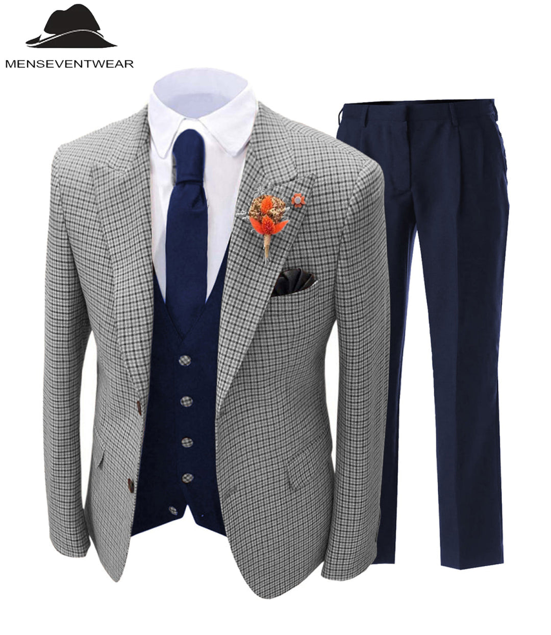 Men's 3 Pieces Houndstooth Peak Lapel Tuxedos (Blazer+vest+Pants) mens event wear
