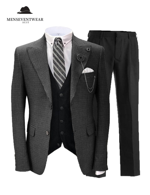 Men's 3 Pieces Slim Fit Houndstooth Peak Lapel Tuxedos (Blazer+vest+Pants) mens event wear