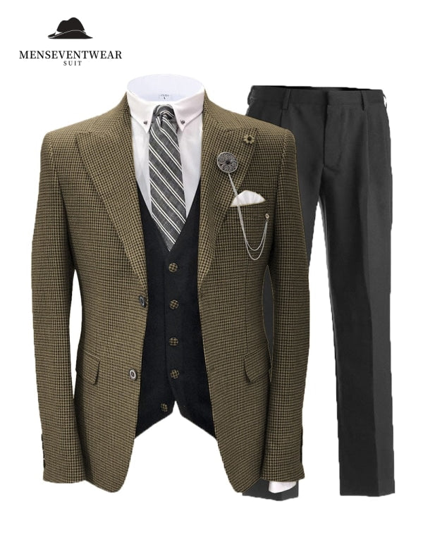 Men's 3 Pieces Slim Fit Houndstooth Peak Lapel Tuxedos (Blazer+vest+Pants) mens event wear