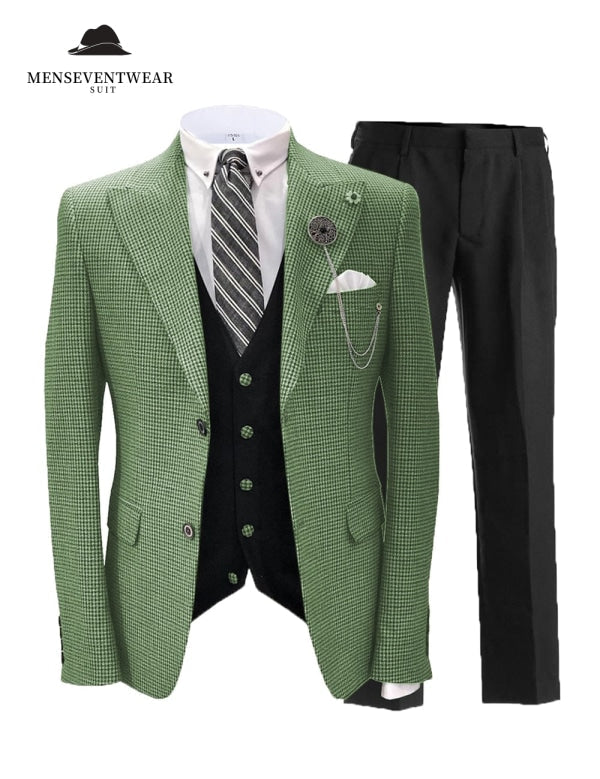 Men's 3 Pieces Slim Fit Houndstooth Peak Lapel Tuxedos (Blazer+vest+Pants) mens event wear