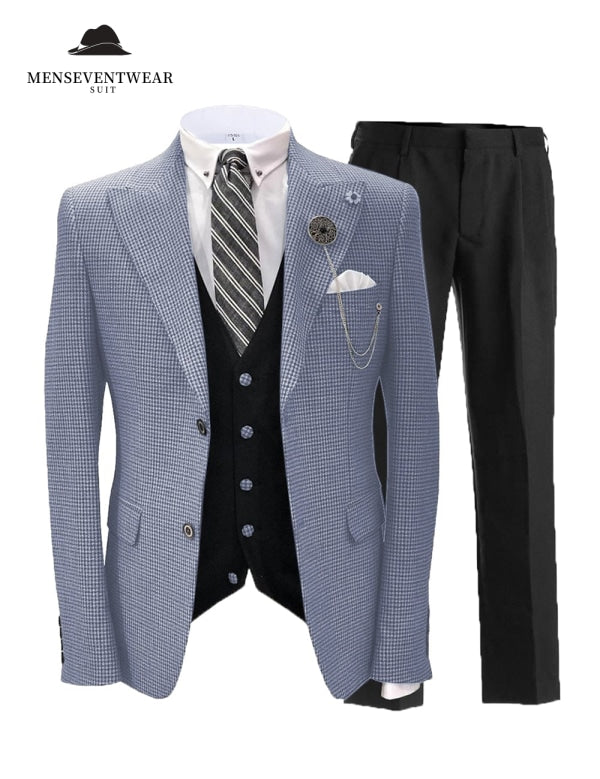 Men's 3 Pieces Slim Fit Houndstooth Peak Lapel Tuxedos (Blazer+vest+Pants) mens event wear