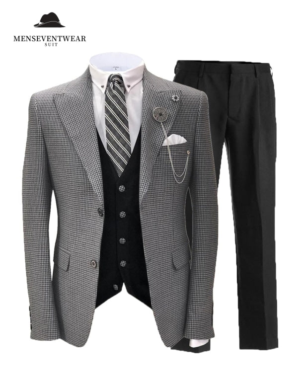 Men's 3 Pieces Slim Fit Houndstooth Peak Lapel Tuxedos (Blazer+vest+Pants) mens event wear