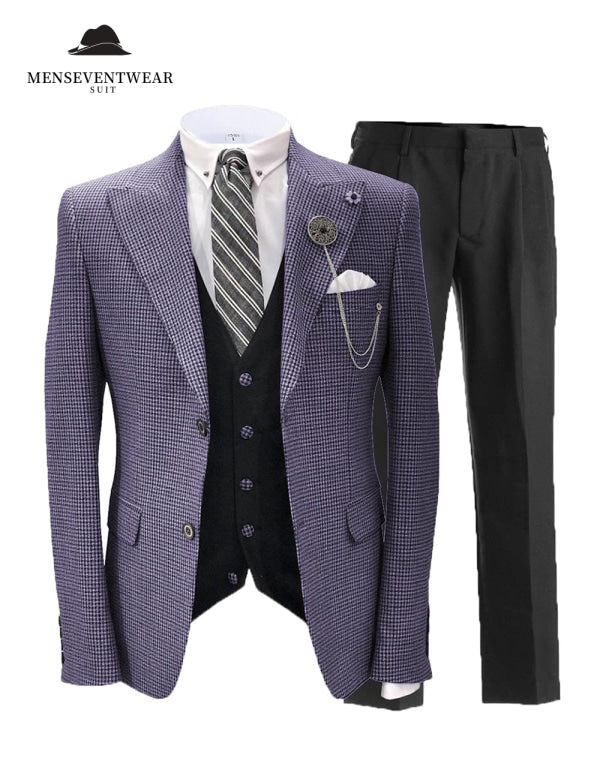 Men's 3 Pieces Slim Fit Houndstooth Peak Lapel Tuxedos (Blazer+vest+Pants) mens event wear