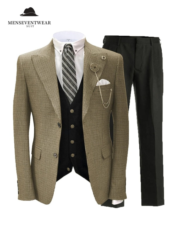 Men's 3 Pieces Slim Fit Houndstooth Peak Lapel Tuxedos (Blazer+vest+Pants) mens event wear