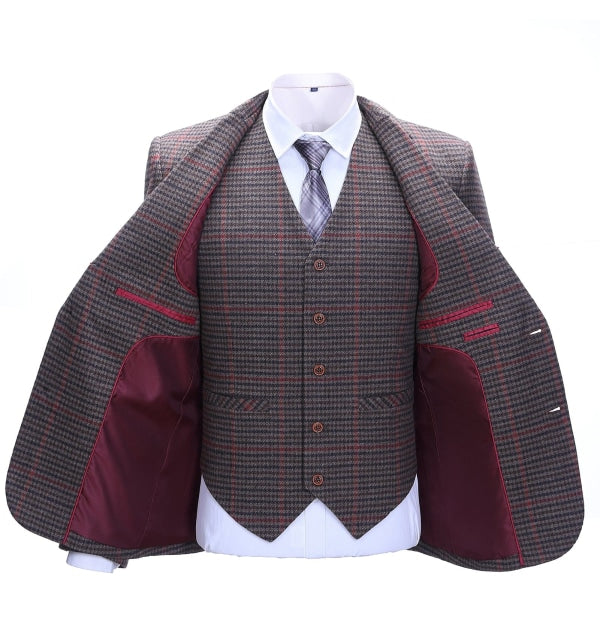 Men's Business 3 Pieces Formal Coffee Plaid Notch Lapel Suit (Blazer+vest+Pants) Adam Reed