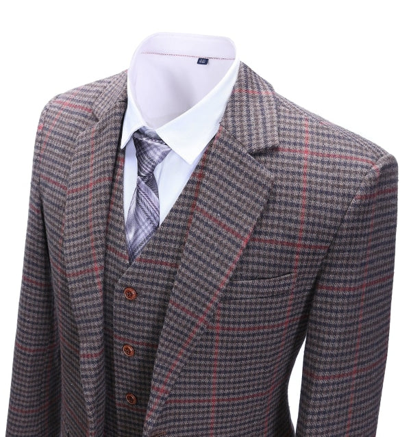 Men's Business 3 Pieces Formal Coffee Plaid Notch Lapel Suit (Blazer+vest+Pants) Adam Reed