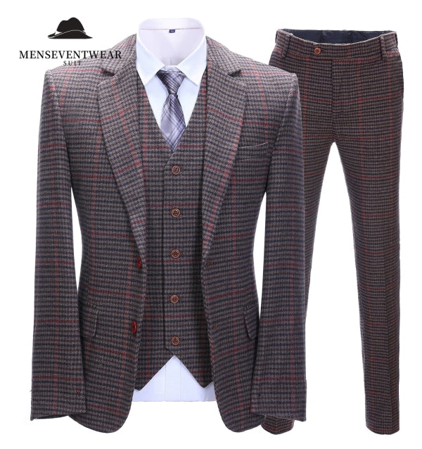Men's Business 3 Pieces Formal Coffee Plaid Notch Lapel Suit (Blazer+vest+Pants) Adam Reed