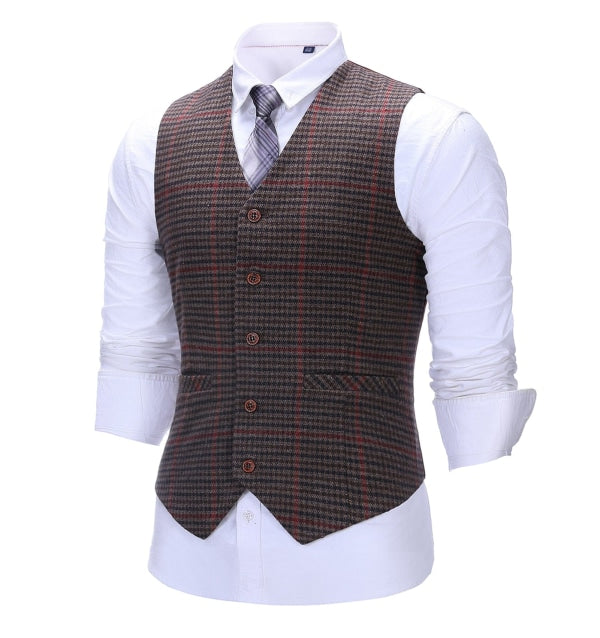 Men's Business 3 Pieces Formal Coffee Plaid Notch Lapel Suit (Blazer+vest+Pants) Adam Reed