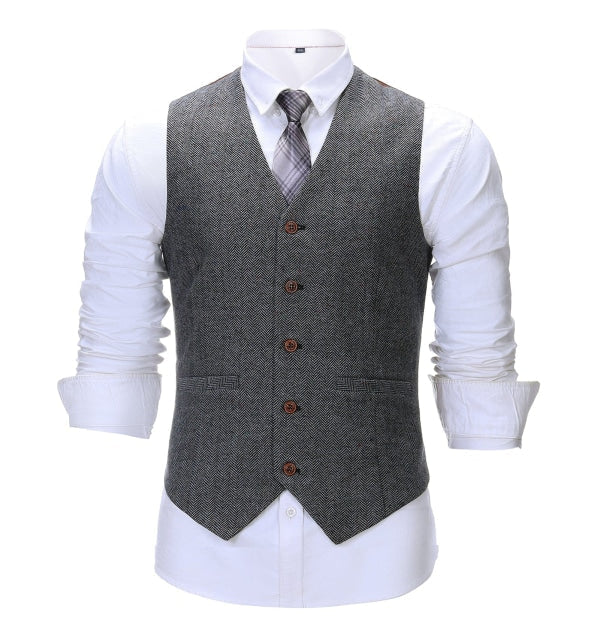 Men's Business 3 Pieces Formal Dark Grey Herringbone Notch Lapel Suit (Blazer+vest+Pants) Adam Reed