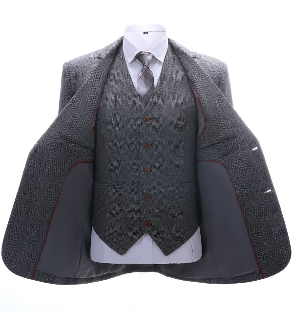 Men's Business 3 Pieces Formal Dark Grey Herringbone Notch Lapel Suit (Blazer+vest+Pants) Adam Reed