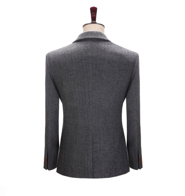 Men's Business 3 Pieces Formal Dark Grey Herringbone Notch Lapel Suit (Blazer+vest+Pants) Adam Reed