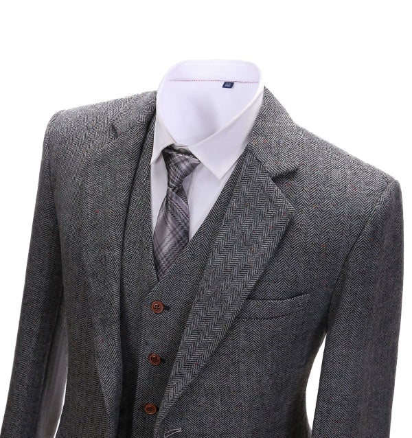 Men's Business 3 Pieces Formal Dark Grey Herringbone Notch Lapel Suit (Blazer+vest+Pants) Adam Reed