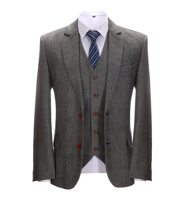 Men's Business 3 Pieces Formal Grey Tweed Notch Lapel Suit (Blazer+vest+Pants) Adam Reed