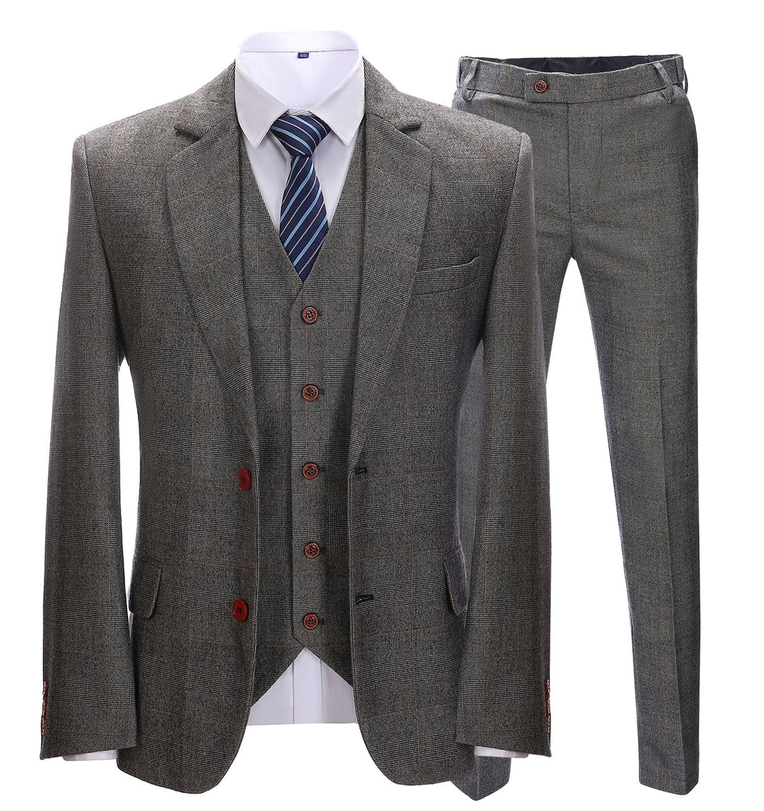 Men's Business 3 Pieces Formal Grey Tweed Notch Lapel Suit (Blazer+vest+Pants) Adam Reed
