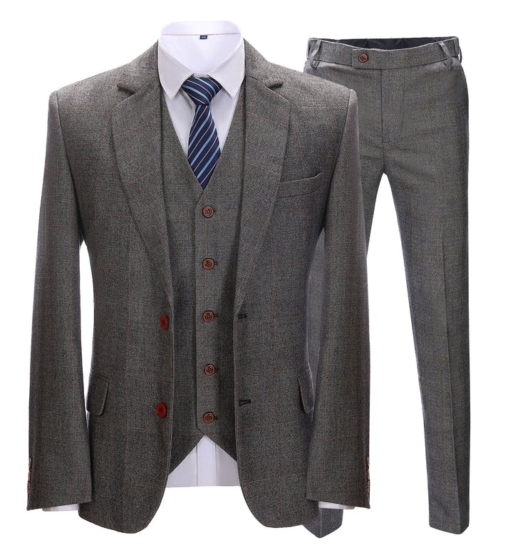 Men's Business 3 Pieces Formal Grey Tweed Notch Lapel Suit (Blazer+vest+Pants) Adam Reed