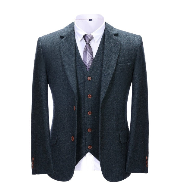 Men's Business 3 Pieces Formal Navy Herringbone Notch Lapel Suit (Blazer+vest+Pants) Adam Reed