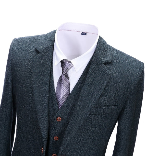 Men's Business 3 Pieces Formal Navy Herringbone Notch Lapel Suit (Blazer+vest+Pants) Adam Reed