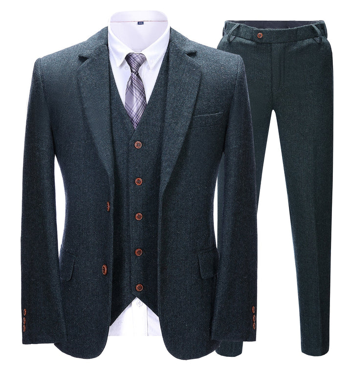 Men's Business 3 Pieces Formal Navy Herringbone Notch Lapel Suit (Blazer+vest+Pants) Adam Reed